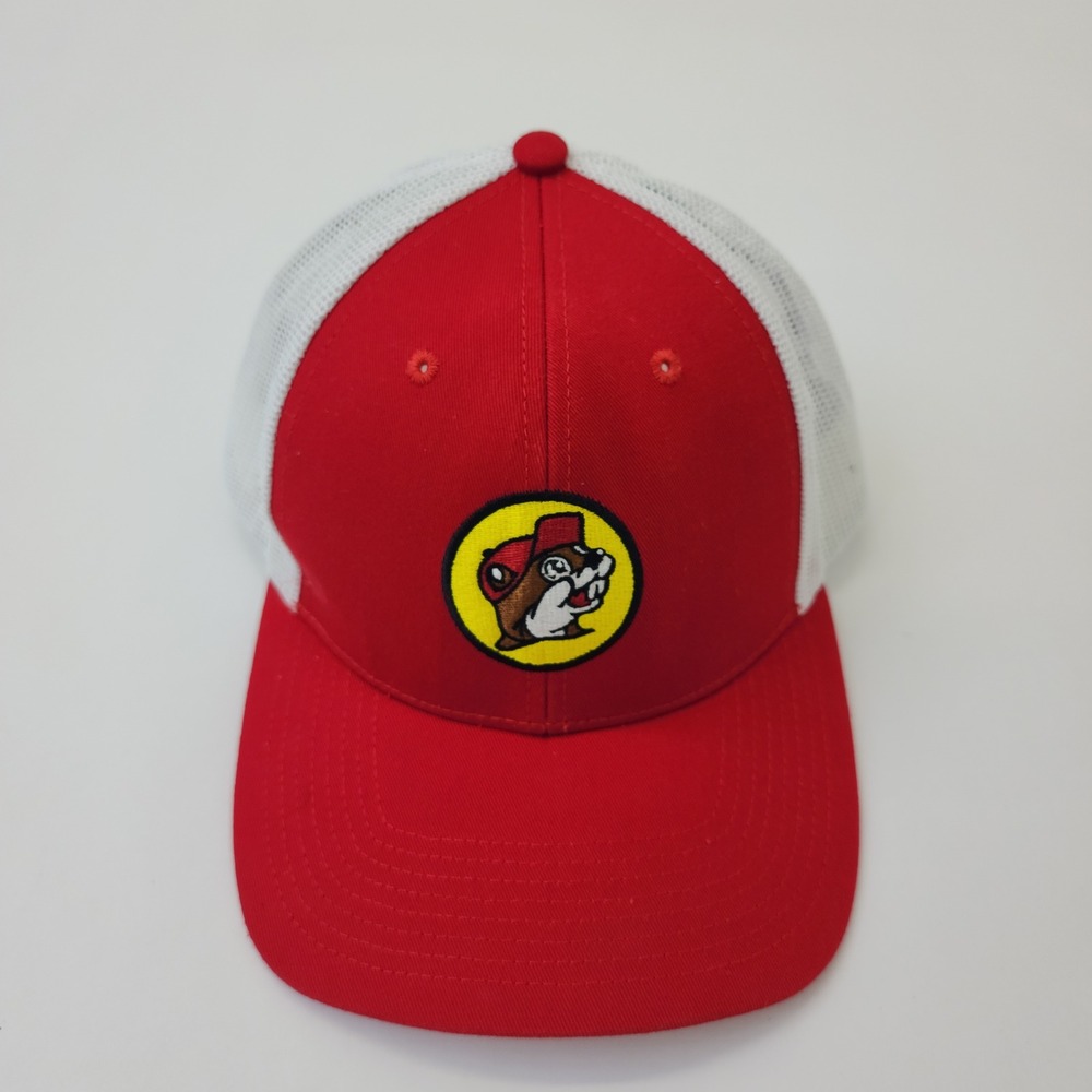 Buc-ees Trucker Hat‎ Red White Mesh Snapback Baseball Cap Beaver Mascot Logo